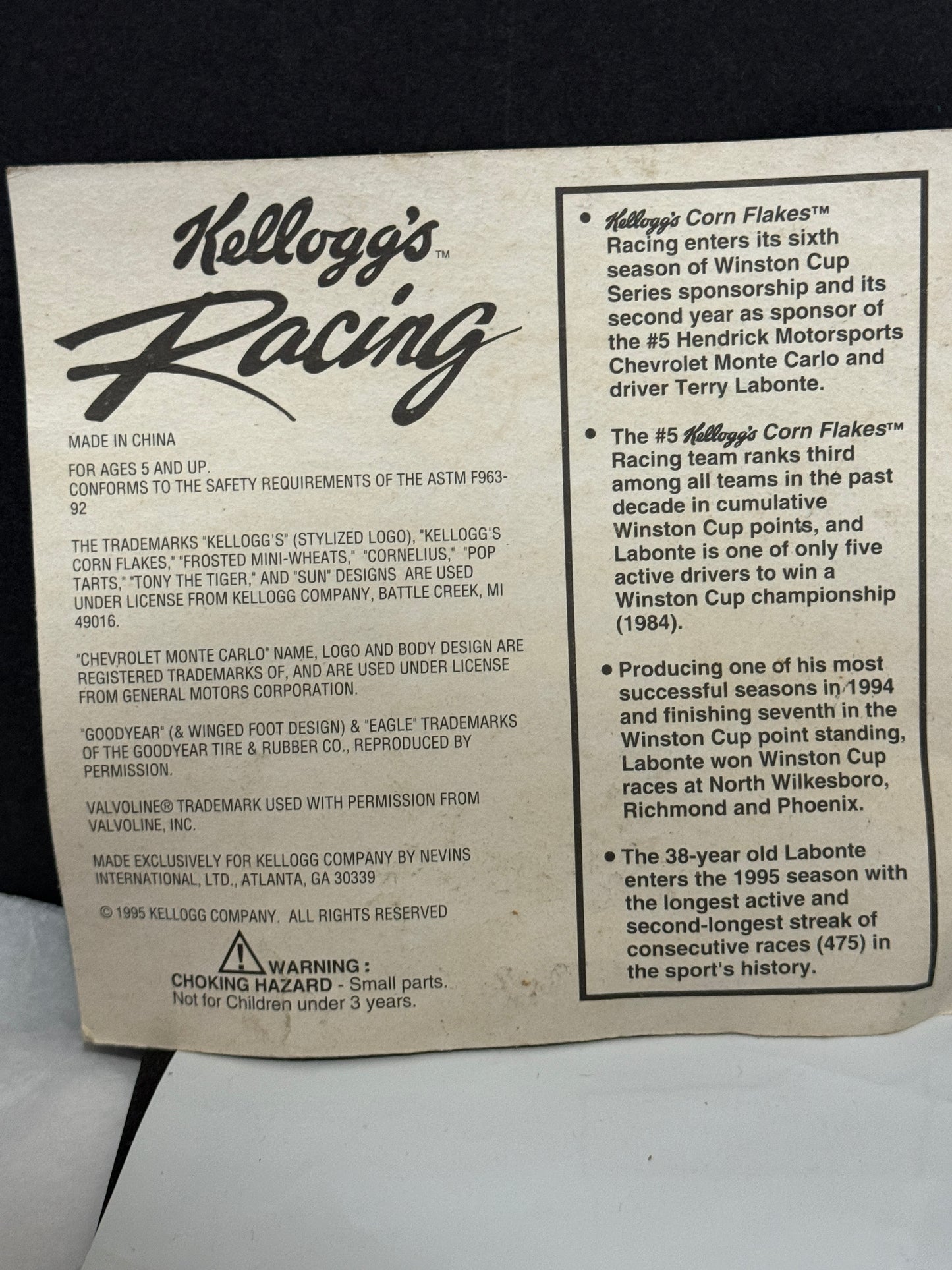 Kellogg's Racing Chevrolet Monte Carlo Mint on Card - 1995