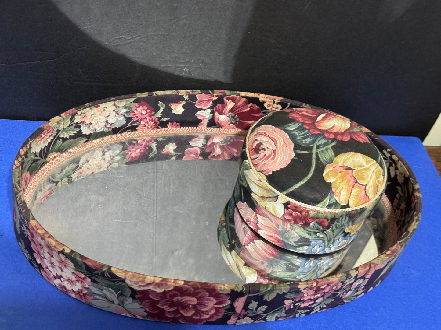 Mirror Oval Vanity Tray and Round Box Black and Floral Fabric sides  - Vintage