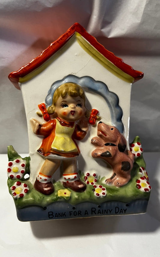 Ceramic "Bank For A Rainy Day" Coin Bank Vintage
