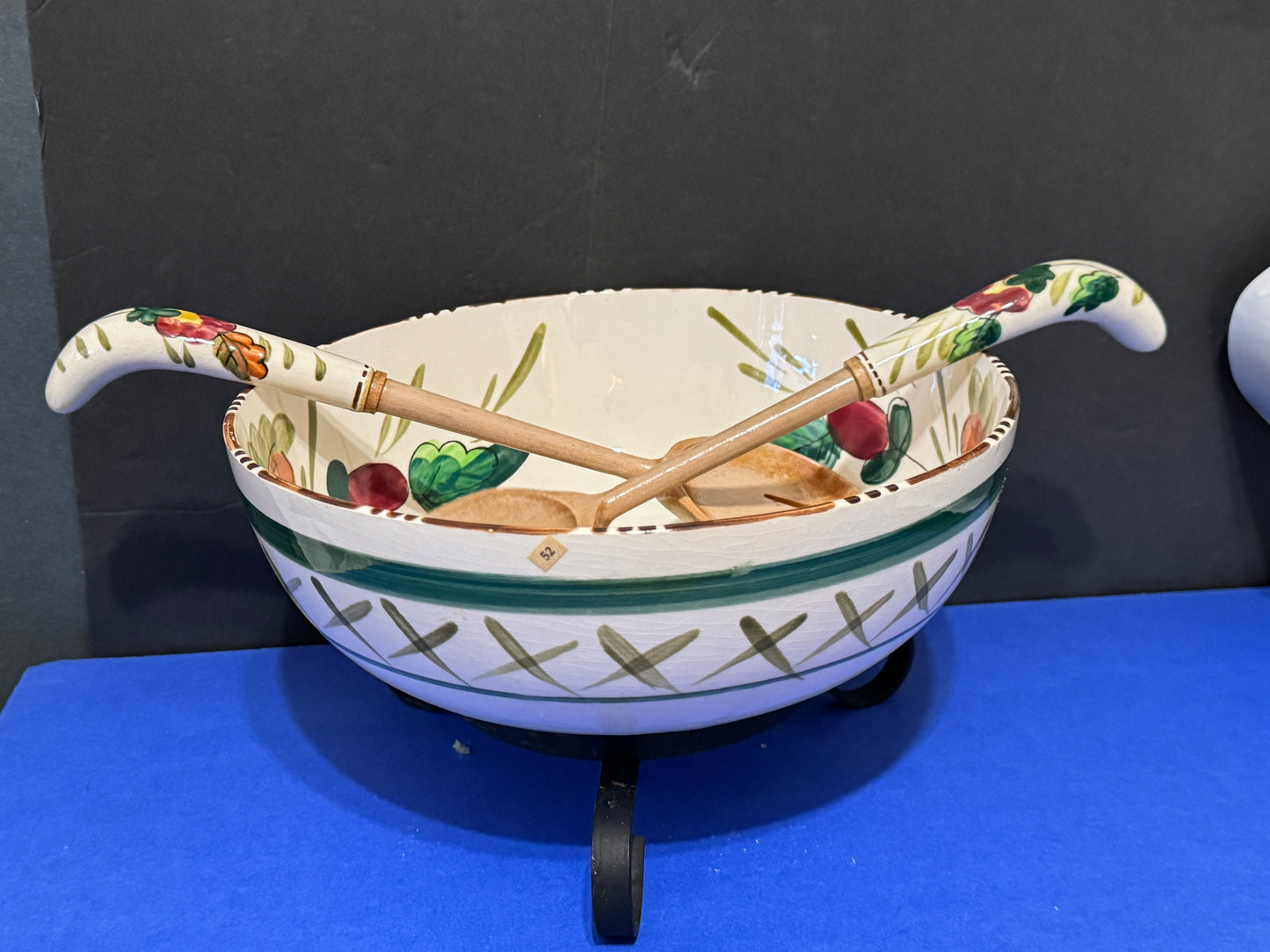 Folk Art Pottery Pennsylvania Dutch Salad Bowl, Utensils and Stand - VINTAGE