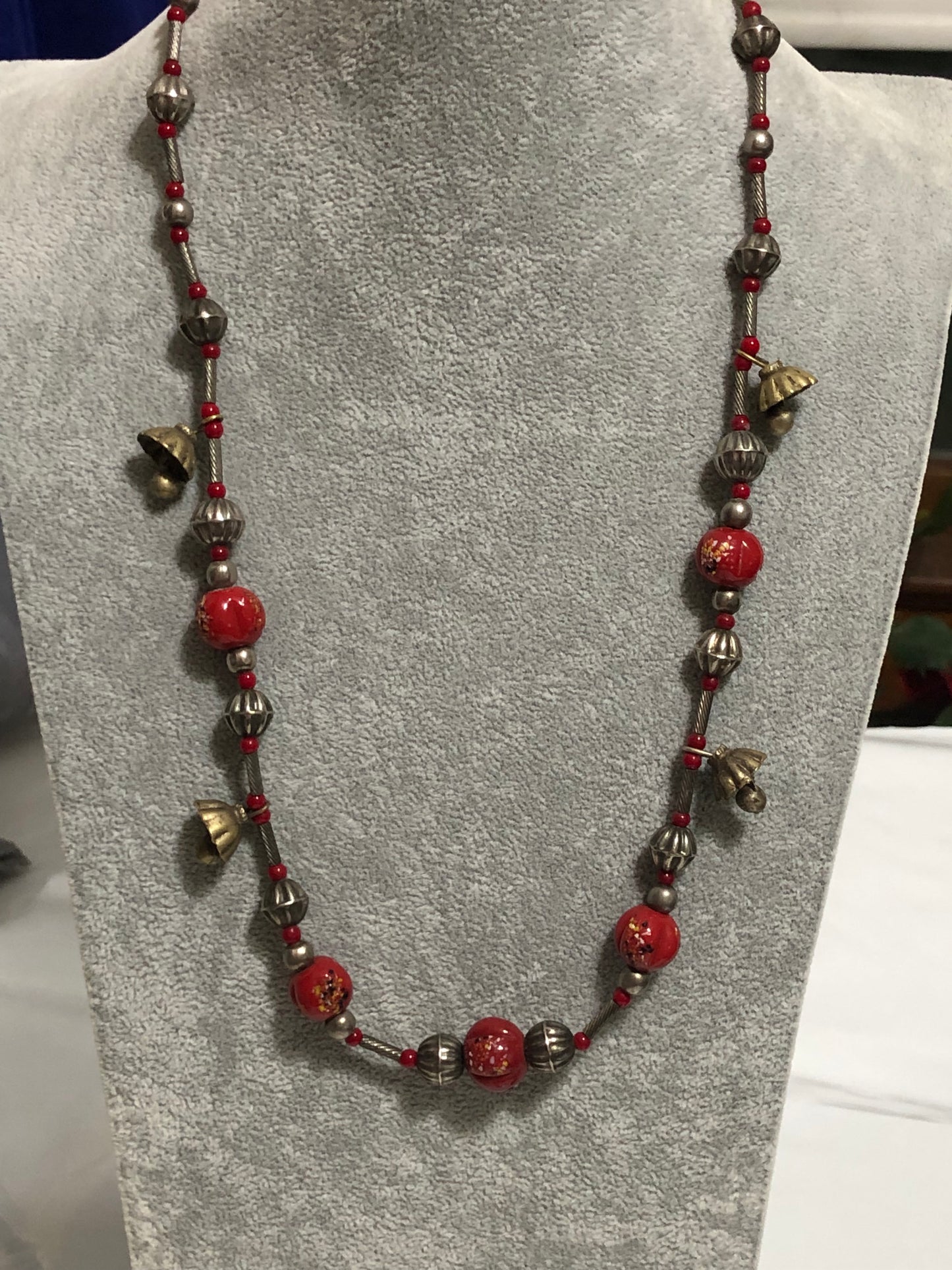 Unique Vintage Coral Beads, Silver and Brace Necklace