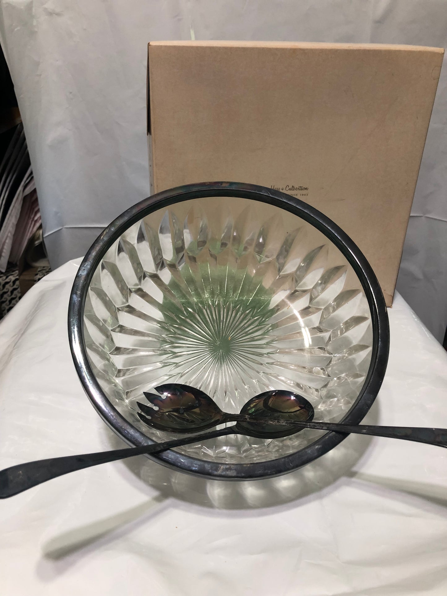 Silver Band Glass Salad Bowl, Spoon & Fork Servers Set, Italy Vintage