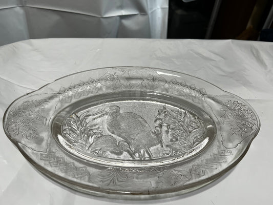 Glass Oval Serving Platter Egret and Deer designs Vintage