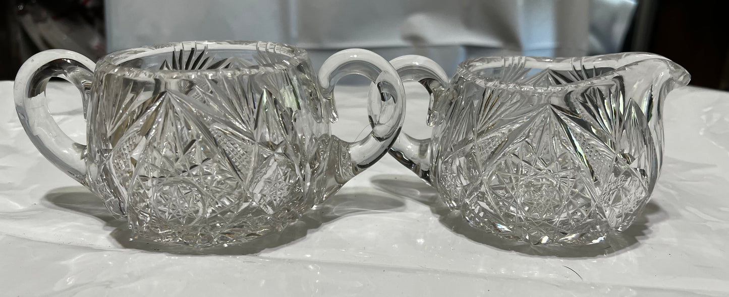 Creamer and Sugar Set Vintage Cut Glass Heavy Crystal Set Sawtooth Edge