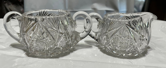 Creamer and Sugar Set Vintage Cut Glass Heavy Crystal Set Sawtooth Edge